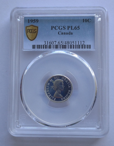 Canadá 10 Cents 1959 Unc, Gradada Pcgs Ms65