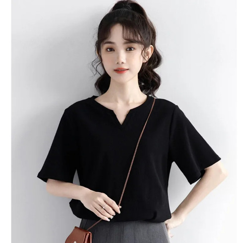 Camiseta De Algodón Para Mujer Con Cuello En V Y Manga Corta