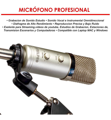 Imagen 5 de 5 de Microfono Cardioide Condensador Con Eco Y Volumen Steelpro