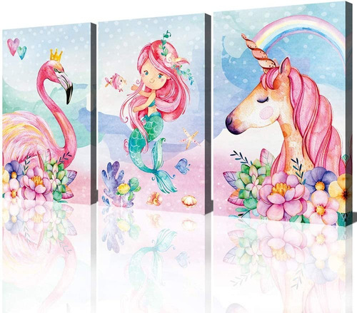 Set 3 Cuadros Unicornio Habitacion Niña Arcoiris Sirena Arte