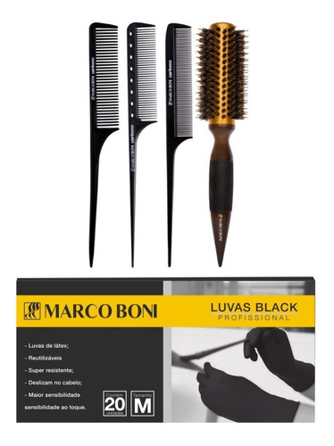 Kit Profissional Pentes Escova Metalica Luvas M Marco Boni Cor Preto