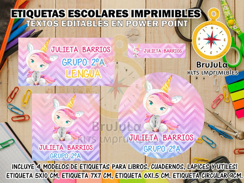 Kit Imprimible Etiquetas Escolares Unicornio Niña S20