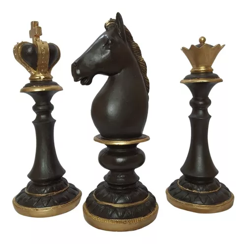 Decoração Peças De Xadrez Preto Rei Rainha E Cavalo Escultura Grande