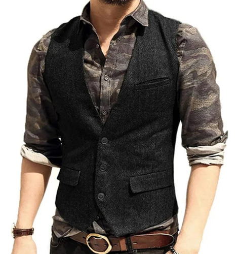 Chaleco Negro Con Bolsillo Abatible Para Hombre, Cuello En V