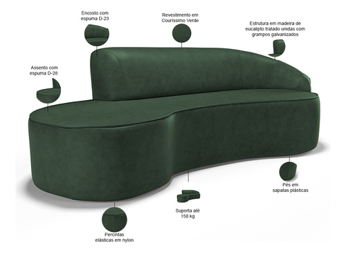Sofá 3 Lugares Curvo Sala Firenze Dir Cour Verde 230cm B-89