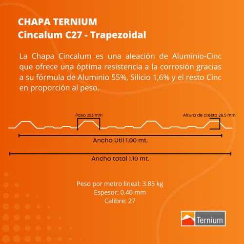 Chapa Trapezoidal Cincalum C27 Techo 1,10 M X 4,50 Metros
