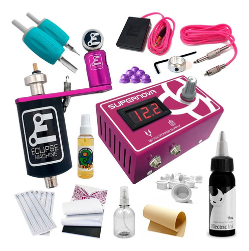 Kit Tatuagem Rotativa Rosa Eclipse Tattoo C/ Electric Ink 