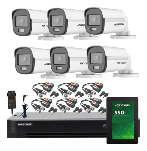 Kit 6 Camaras Hikvision 2mpx Colorvu Con Dvr 8ch Disco Ssd