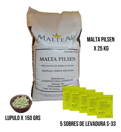 Malta Pilsen 25 Kgs + Levadura + Lupulo (kit 100 Litros)