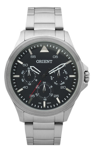 Relógio Orient Masculino Multifunção Aço Mbssm049 P1sx Correia Prateado Bisel Prateado Fundo Preto