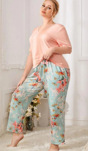 Conjunto Pijama Pantalón Durazno Floral, Tallas Extras 5xl