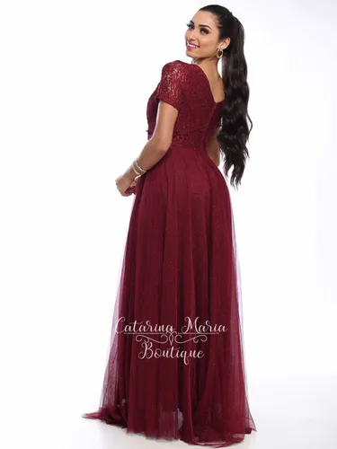 Vestido Marsala Madrinha Festa Evang lico Manga Curta