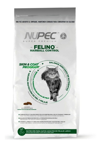 Imagen 1 de 1 de Alimento Nupec Felino Hairball Pelaje largo para gato adulto sabor pollo, salmon y arroz en bolsa de 1.5kg