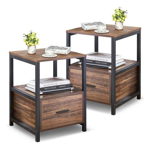 Vecelo Nightstand Set De 2 Con Cajón Mesa Auxiliar Cuadrada 