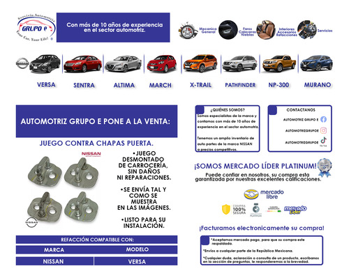 Juego 4 Contra Chapas Puertas Versa Ng 2020/2024 Originales (Usado)