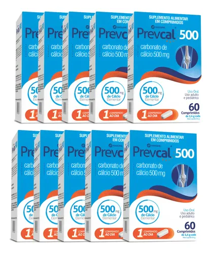 Kit 10 Und Prevcal 500mg 60cpr Carbonato De Cálcio Elementar Sem Sabor ...