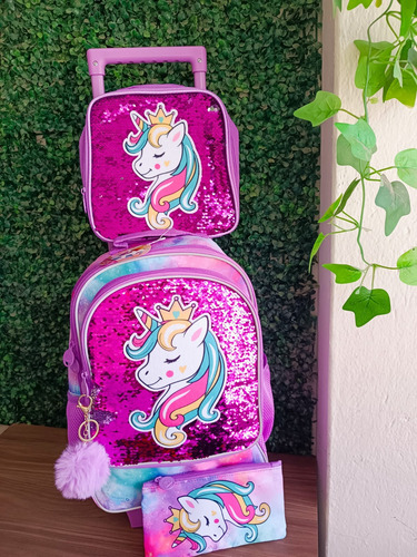 Conjunto De 3 Mochilas, Mochila Con Ruedas Para Niñas Morado Unicornio