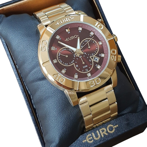Relógio De Pulso Euro Eujp25an/4r Com Corpo Dourado,  Cristal Mineral, Para Feminino, Com Correia De Aço Inoxidável Cor Dourado E Dobrável