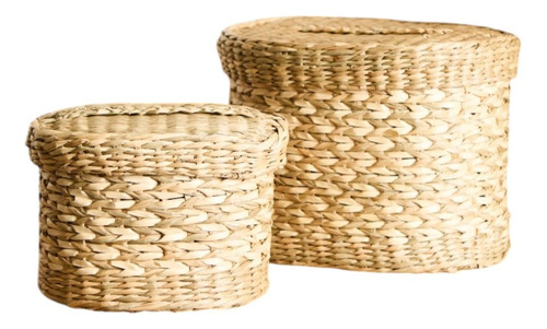 Cesto Con Tapa Circular De Seagrass Fibras Natural Set X2 Seagrass Natural