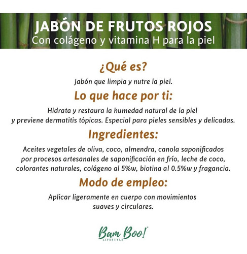 Imagen 5 de 5 de Jabón Frutos Rojos Con Colágeno Y Vitamina H 100 Gr Bam Boo!