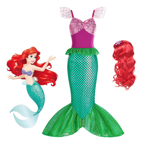 1 Disfraz De Princesa Sirena Ariel Con Peluca Para Niñas