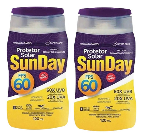 Kit 2 Protetor Solar Sunday Fator 60 Fps 120 Ml Proteção Sol