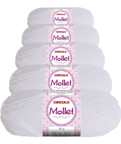 5 Novelos Lã Mollet 40g Crochê / Tricô - Círculo Cor 0010 - branco