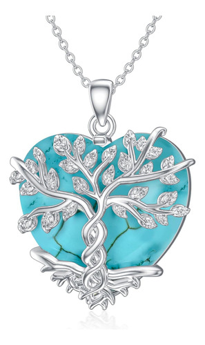 Bethza Collar De Árbol De La Vida Turquesa Para Mujer, Plata