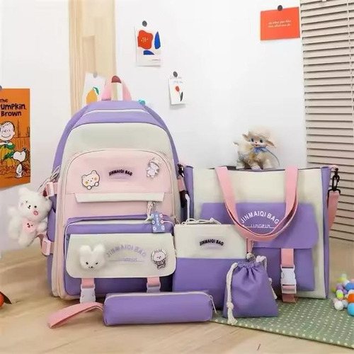 Mochila Bolso Kawaii Set 5 Piezas Importado Lila Liso