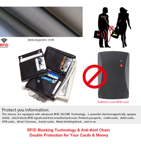 Cartera Hombre Cuero Genuino Rfid Doble Cremallera Con Caden