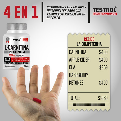 L-carnitina Platinum 1000mg | 4 En 1 | Testrol 30 Cap Sabor Sin sabor