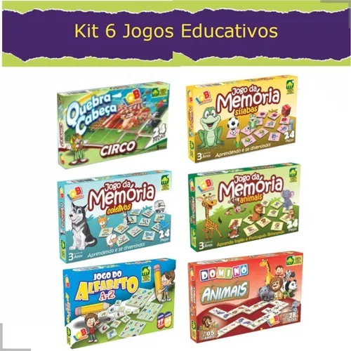 Kit 6 Jogos Educativos Alfabeto Memória Dominó Quebra Cabeça