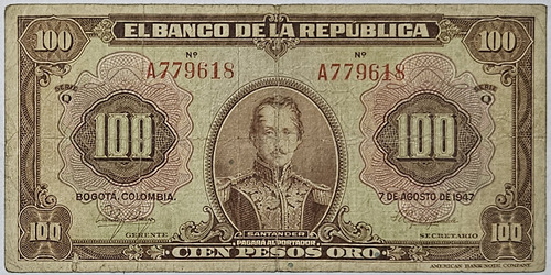 Billete 100 Pesos 20/jul/1947 6 Digitos Colombia Fine