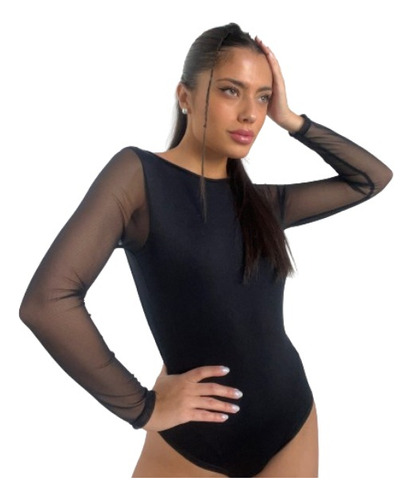 Bodysuit Body Manga Larga Tul Transparencia Espalda Abierta 