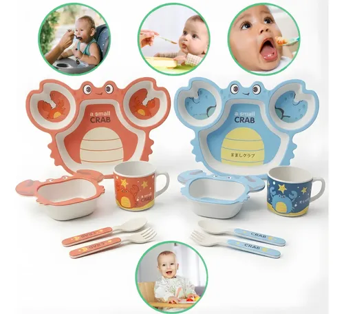 Kit Refeição Infantil Bebê Bambu 5 Peças Prato Colher Copo VermelhoP