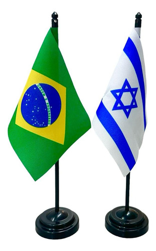 Kit Bandeira Bandeirinha De Mesa Pedestal Brasil E Israel 