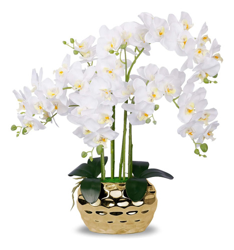 Orquídea Artificial En Jarrón Dorado, Orquídeas Blancas De S