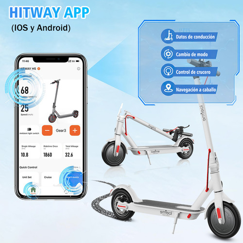 Patín eléctrico plegable para adultos lcd 35 km/h 600 w 8.5 pulgadas con luz led control de aplicación 3 niveles de velocidad ajustable batería 36 v 10.5 ah blanco Xgody