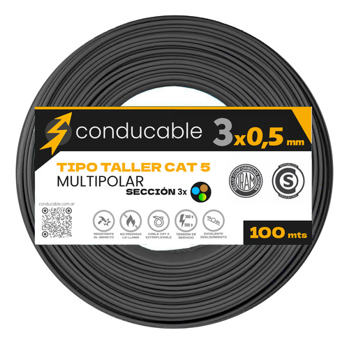 Rollo Cable Tipo Taller 3x0,5 Normalizado 100 Mts Conducable Negro