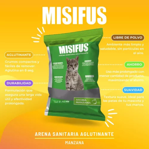 Arena Para Gatos Sanitaria Aglutinante Misifus Manzana 24 Kg