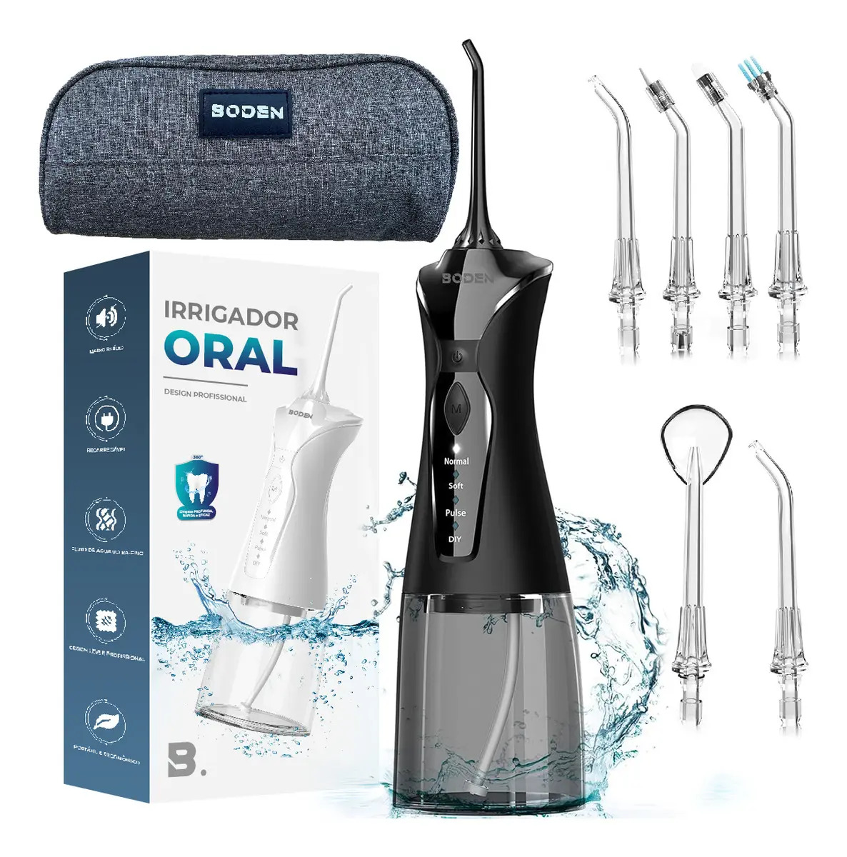 Irrigador Oral Water Flosser Aparelho Limpeza de Dente Prótese Implante de Higiene Bucal Elétrico Jato Água Portátil Boden Cor Preto
