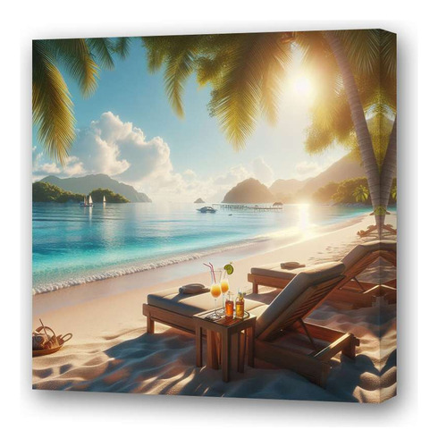 Cuadro 20x20cm Playa Vacaciones Mar Arena Tragos Relax