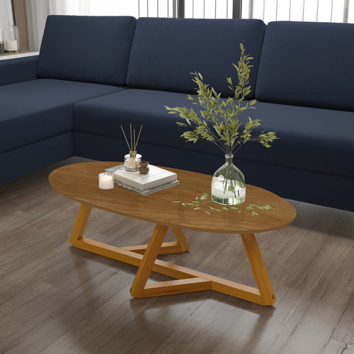 Mesa De Centro Classic Oval Em Mdf Com Pès Madeira Maciça Cor Nature