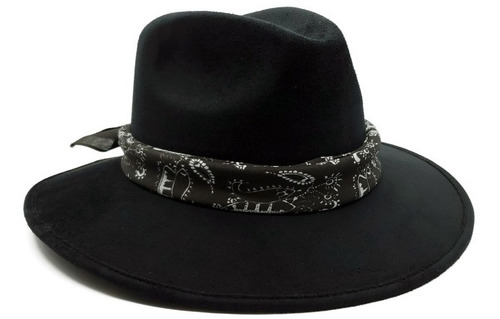 Sombrero Unisex En Gamuza Negra Con Paliacate Estampado.