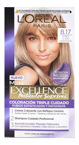 Tinta Loreal Excellence 8.17 Color Rubio Claro Cenizo Mate