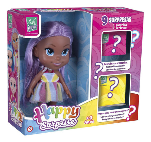 Boneca Happy Surprise Negra Acessórios Surpresa Cabelo Roxo