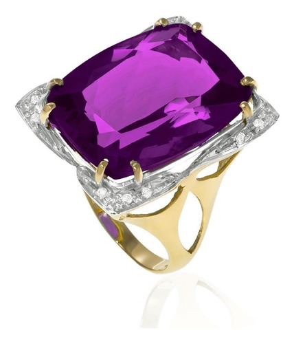 Anel Em Ouro Amarelo Com Ametista E 12 Diamantes
