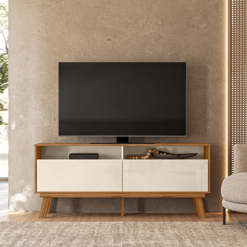 Rack Bancada Home Com Portas Basculante Articulada E Prateleiras Pés Em Madeira P/ Tv Até 65 Polegadas La Kazza