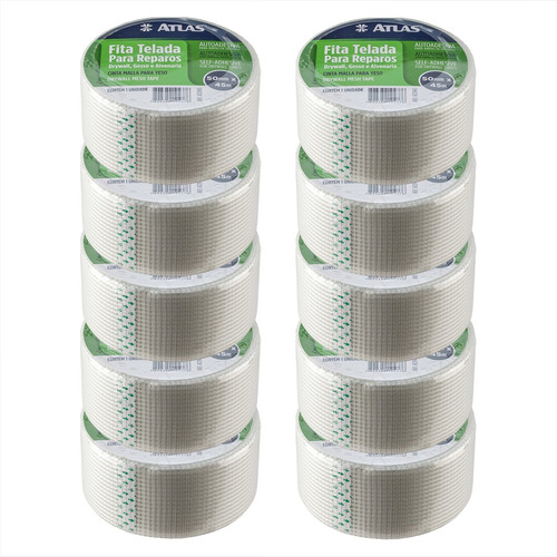 Fita Telada Drywall 50mm X 45m Autoadesiva Atlas Kit 10 Cor Branco