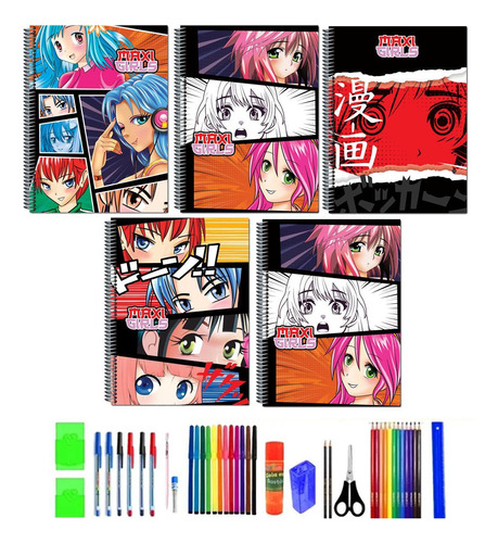 Kit 5 Cadernos Anime Grande Arame Capa Dura Com 40 Itens
